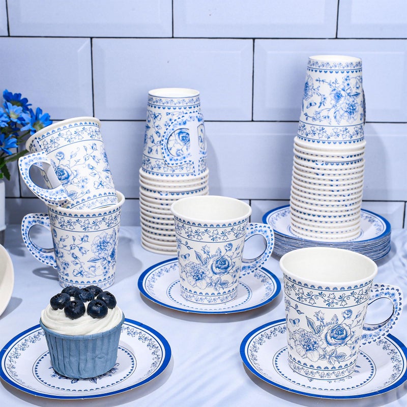 وولاين 80 قطعة من أكواب الشاي الورقية والصحون الورقية باللون الأزرق والأبيض من Whaline، زهرة صينية من البورسلين، سعة 9 أونصة، أكواب شاي للاستعمال مرة واحدة مع مقبض وأطباق حلوى لحفلات الزفاف والأميرة وحفلات الشاي الربيعية - Image 4